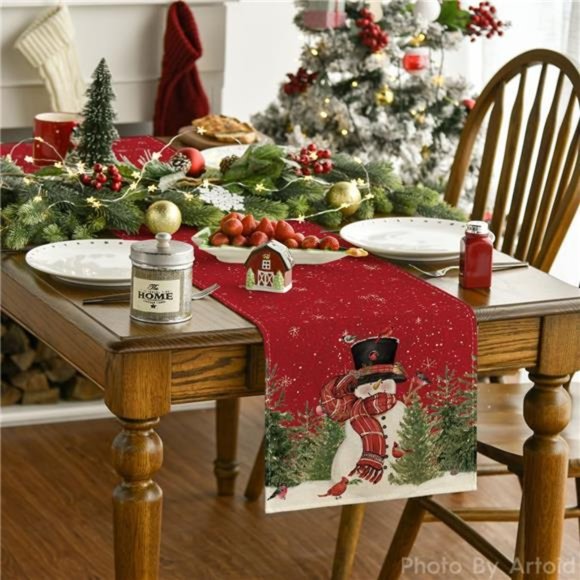 Snowman Christmas Table Runner, Holiday Kitchen Dining Table Decoration - Picture 6 of 6